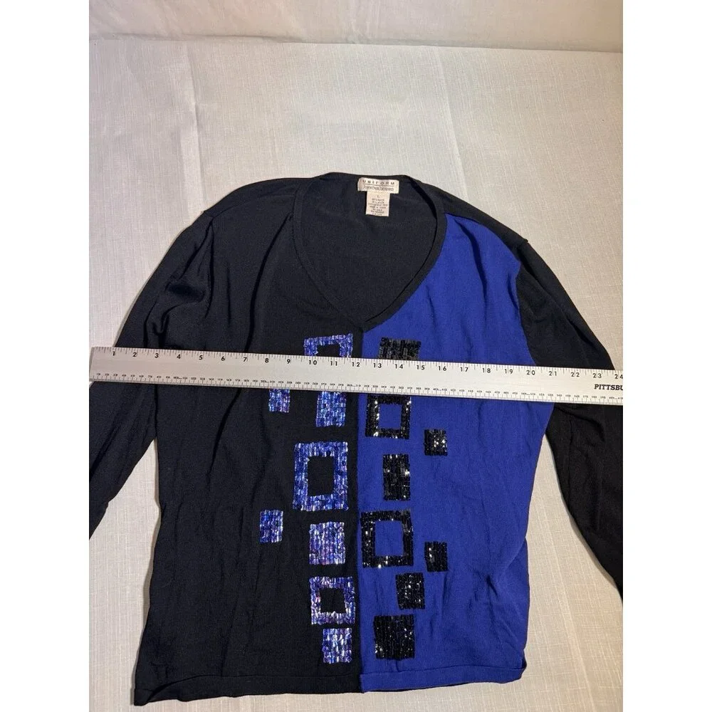 John Paul Richard Uniform Top L Black Blue Sequin Geometric V-Neck Long Sleeve - Picture 5 of 8